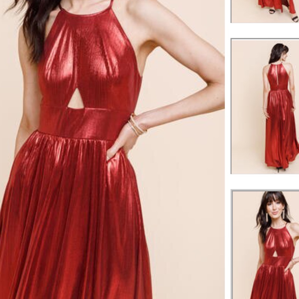 Francesca’s Limelight Red Metallic Retro Maxi Dress with Cutouts and Slit - Picture 3 of 6